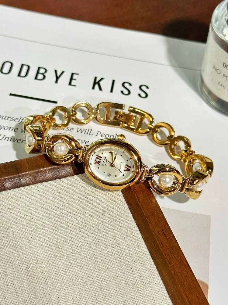 Women's Vintage Pearl Gold-Tone Bracelet Quartz Watch