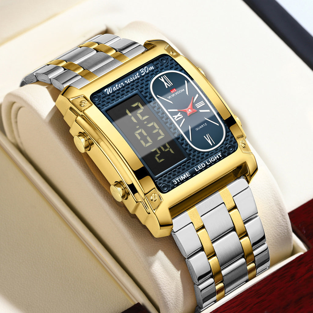 GESMART Men's Dual Movement Dual Display Square Digital Watch Multifunction Water Resistant Creative