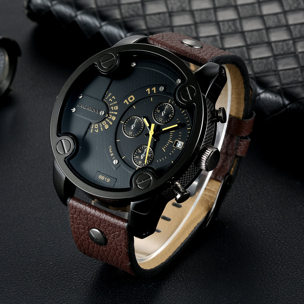 Men's Large-Dial Calendar Leather-Strap Quartz Watch