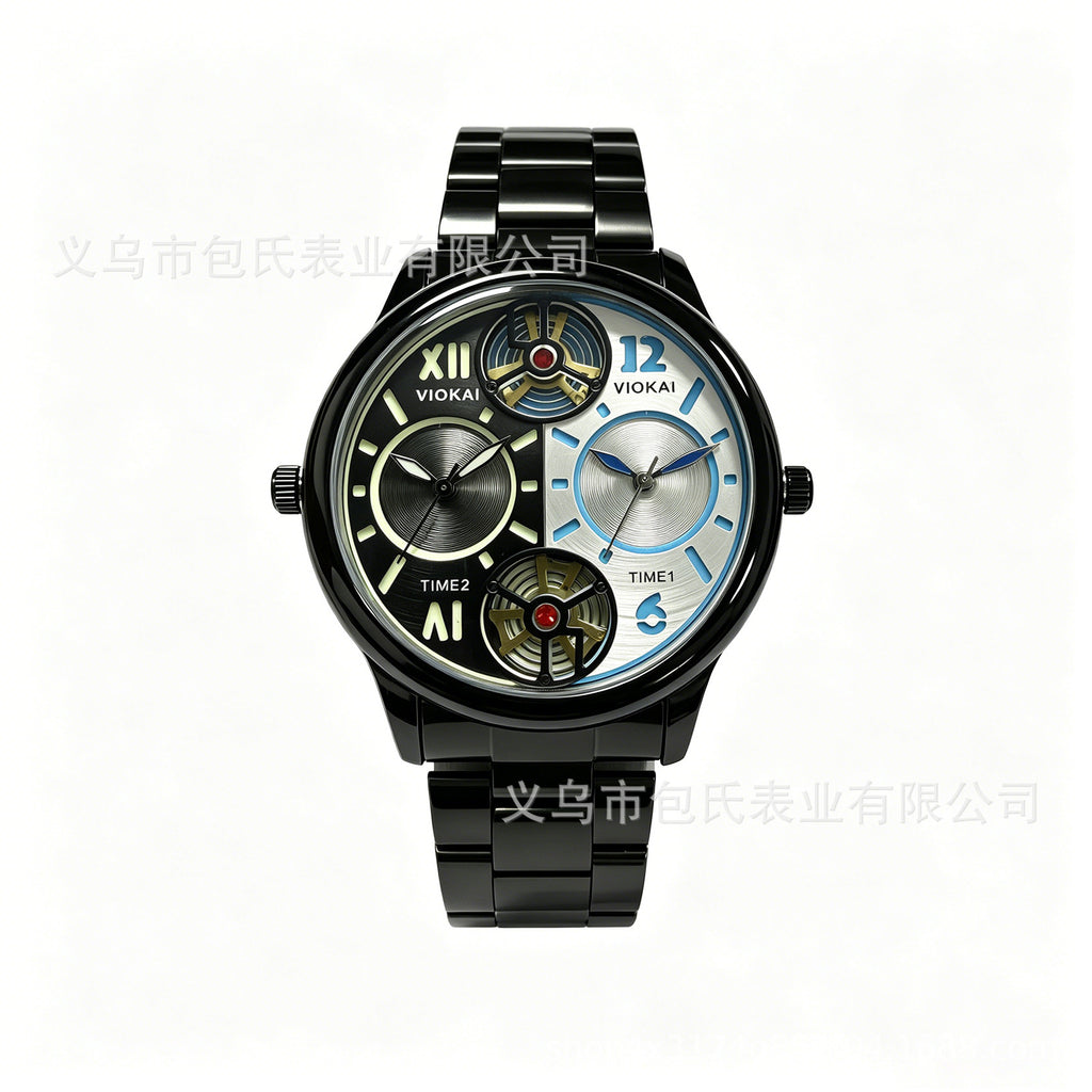 GESMART Men's Dual Time Zone Watch Steel Band Luminous Water Resistant Business