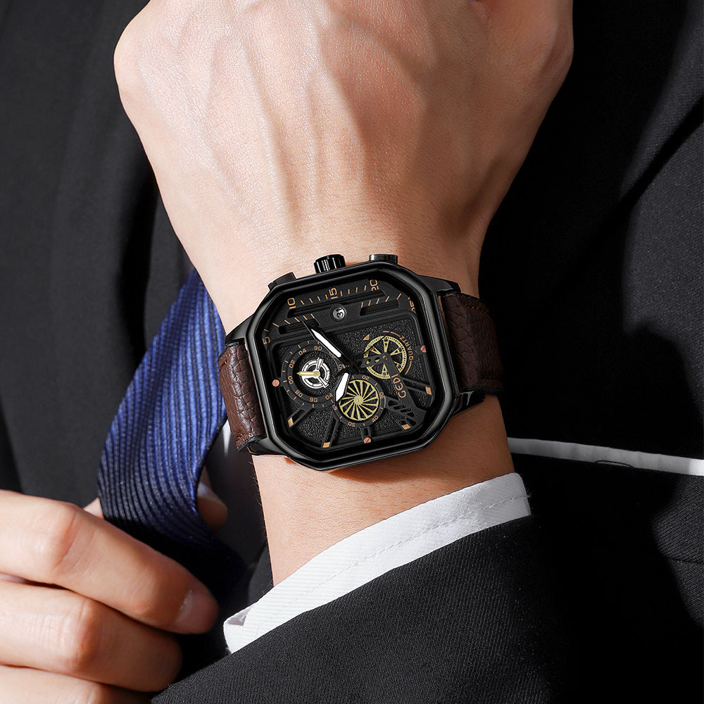 GESMART Men's Square Large Dial Quartz Watch Leather Band Stylish Low Key Personality Design