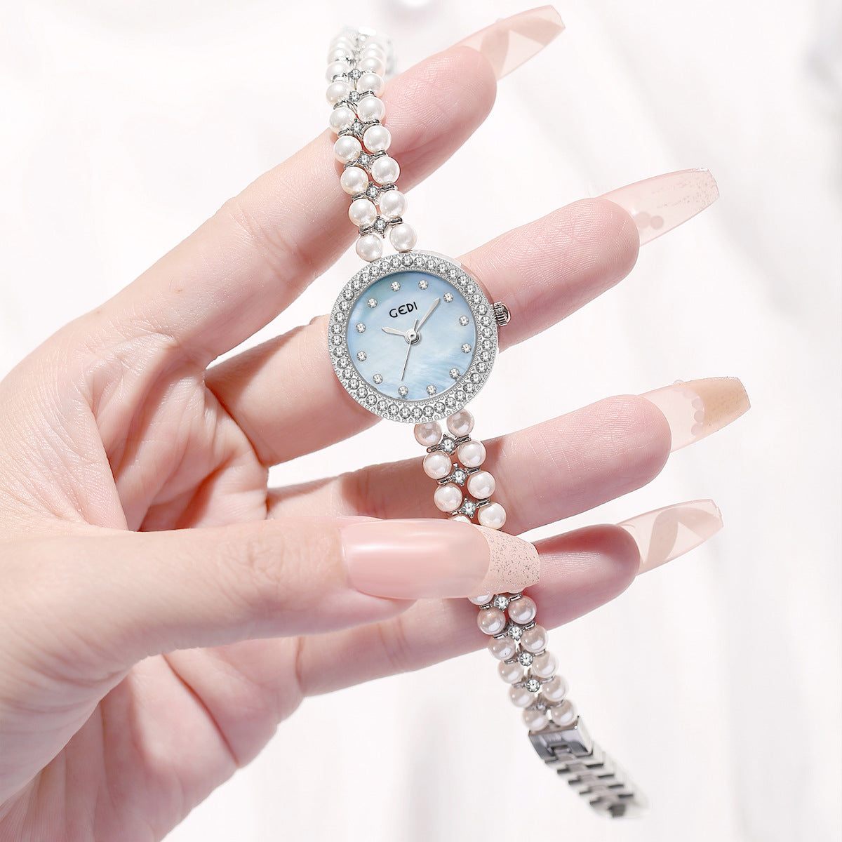 Women's Pearl-Bead Bracelet Round Rhinestone Quartz Watch