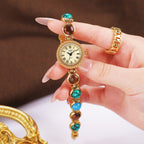 Women's Vintage Turquoise Gold-Bead Bracelet Quartz Watch
