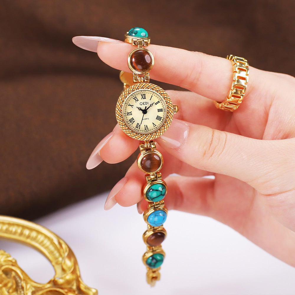 Women's Vintage Turquoise Gold-Bead Bracelet Quartz Watch