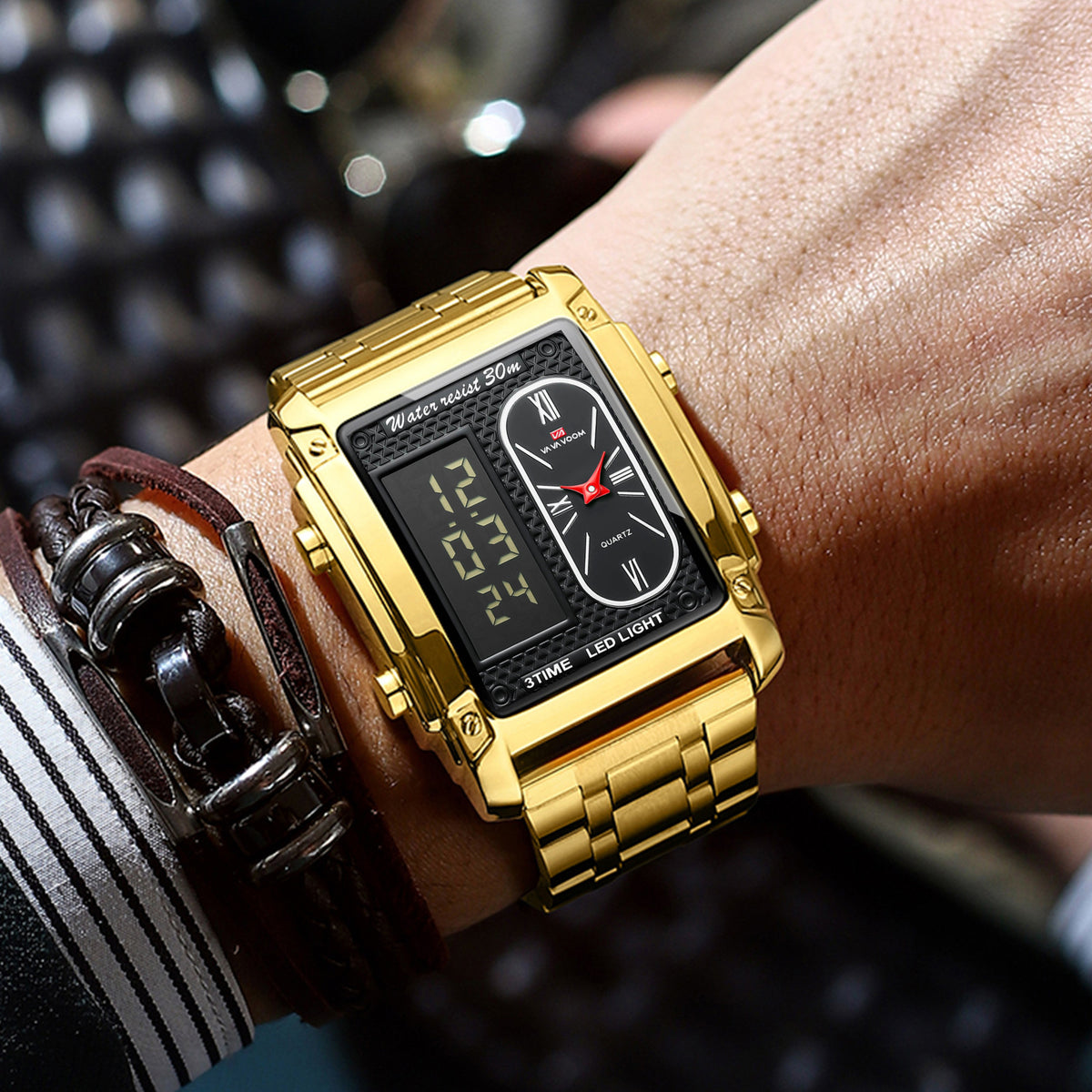 GESMART Men's Dual Movement Dual Display Square Digital Watch Multifunction Water Resistant Creative