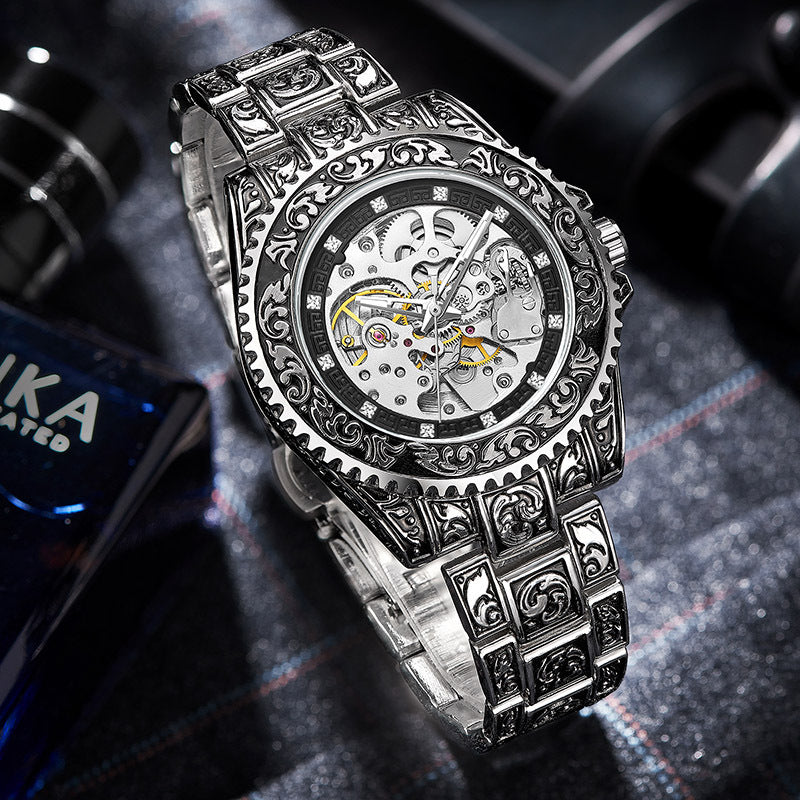 GESMART Men's New Skeleton Engraved Automatic Mechanical Watch European American Vintage Style