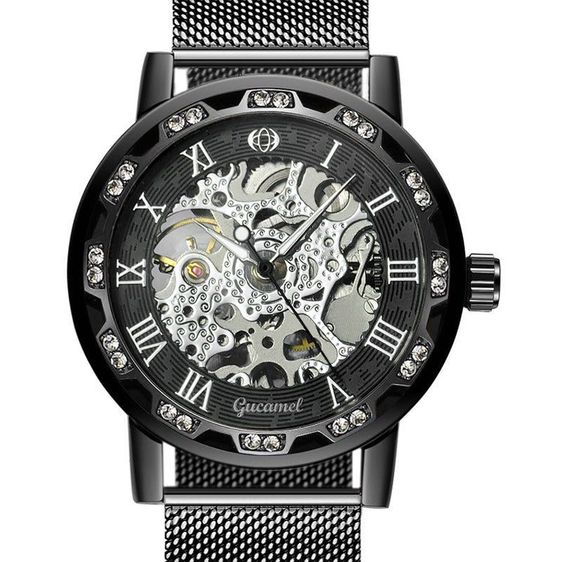 GESMART Men's Hand Winding Mechanical Skeleton Watch Crystal Studded Classic Casual Fashion