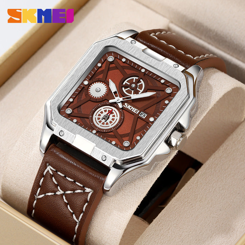 GESMART Men's Square Quartz Watch Independent Second Hand Leather Band Luminous Water Resistant Fashion