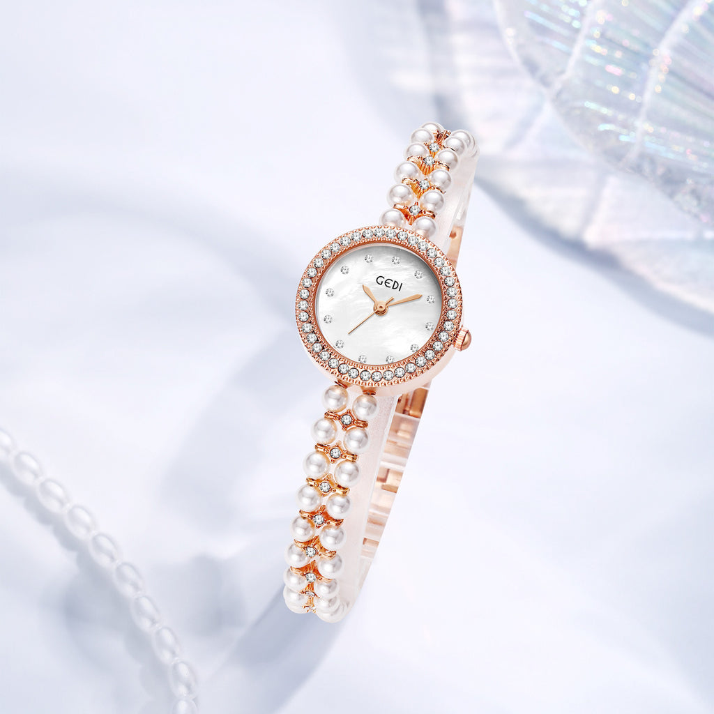 Women's Pearl-Bead Bracelet Round Rhinestone Quartz Watch