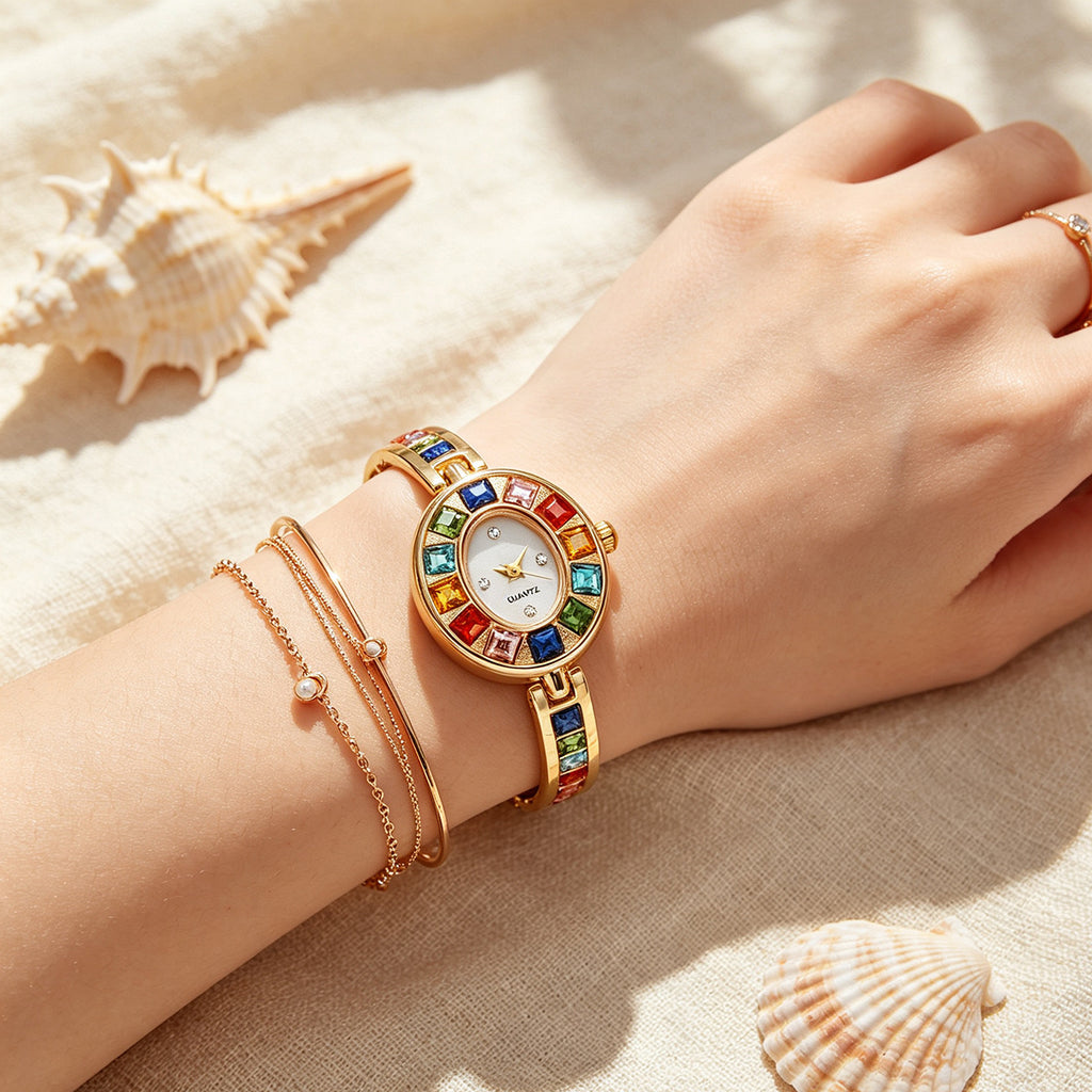 Women's Oval Rainbow CZ Bangle Bracelet Quartz Watch
