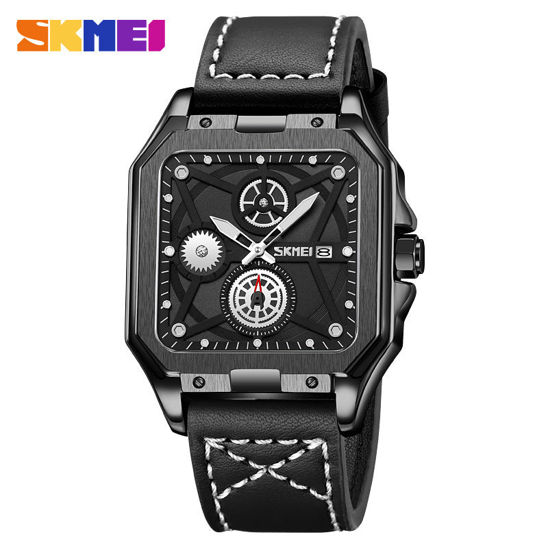 GESMART Men's Square Quartz Watch Independent Second Hand Leather Band Luminous Water Resistant Fashion