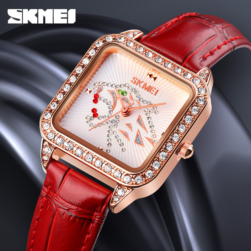 GESMART Women's Square Dial Quartz Watch Diamond Studded Leather Band Water Resistant Student Fashion