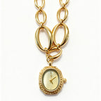 Women's French Braided Mother-of-Pearl Oval Skeleton Gold Bracelet Watch