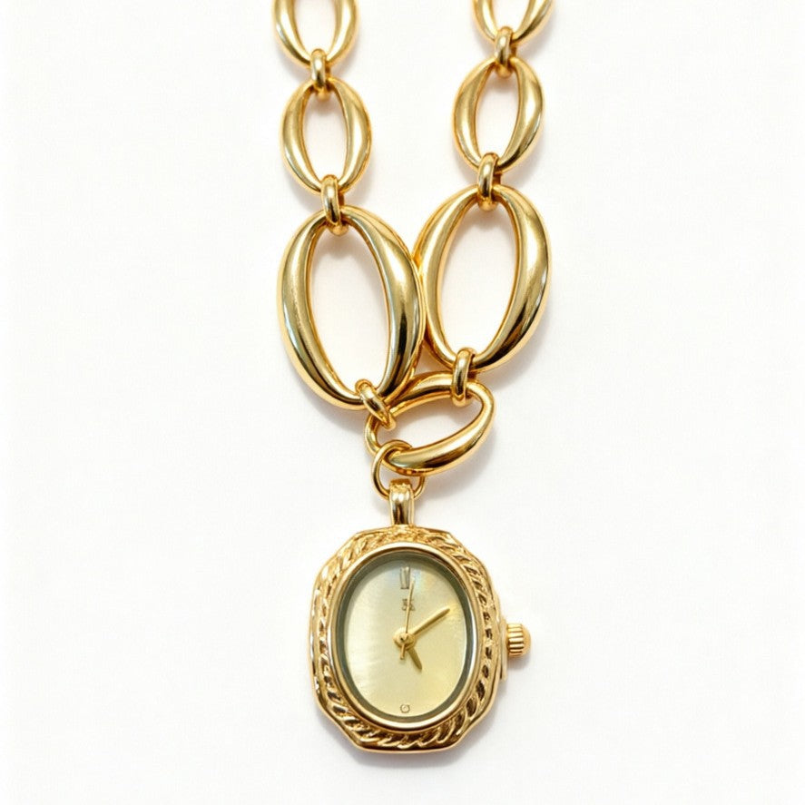 Women's French Braided Mother-of-Pearl Oval Skeleton Gold Bracelet Watch