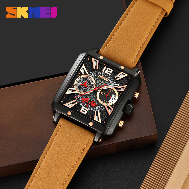 GESMART Men's Square Chronograph Quartz Watch Calendar Multifunction Water Resistant Leather Band Sports