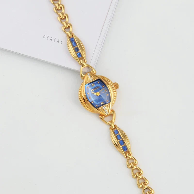 HAIDA Ladies Manual Wind Mechanical Watch Gold-Plated Blue Glass Crystal Fashion