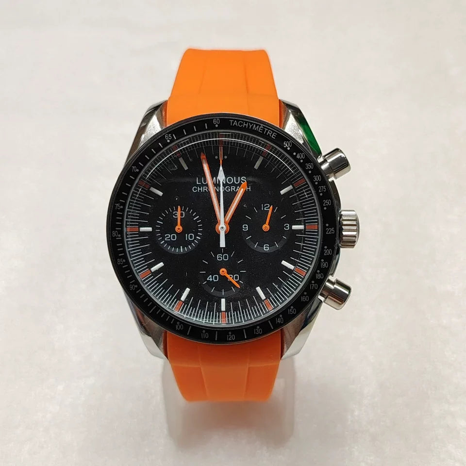 Speedmaster Style Quartz Chronograph Watch Mineral Glass Rubber Strap VK63