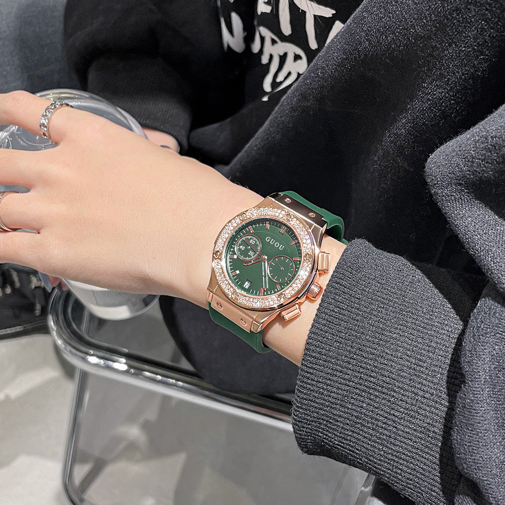 GESMART Women's Large Dial Silicone Band Watch Multifunction Rhinestone Calendar Fashion Trendy