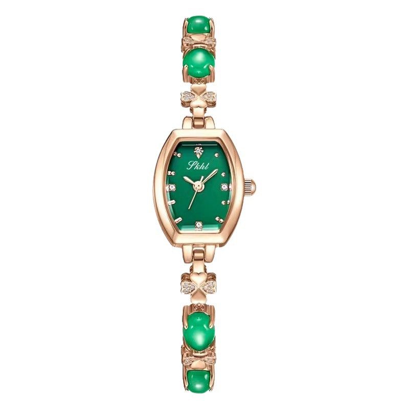 GESMART Women's Chalcedony Bracelet Watch Tonneau Shape Green Dial Retro Romantic Ladies Wristwatch