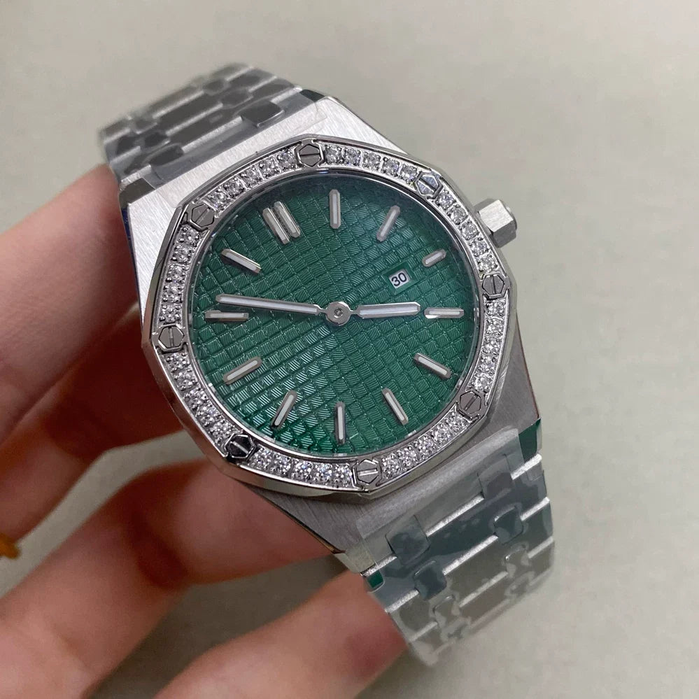 Ladies 31mm Octagonal Gem Bezel Steel Quartz Watch Green Lume Dial VJ24 Movement