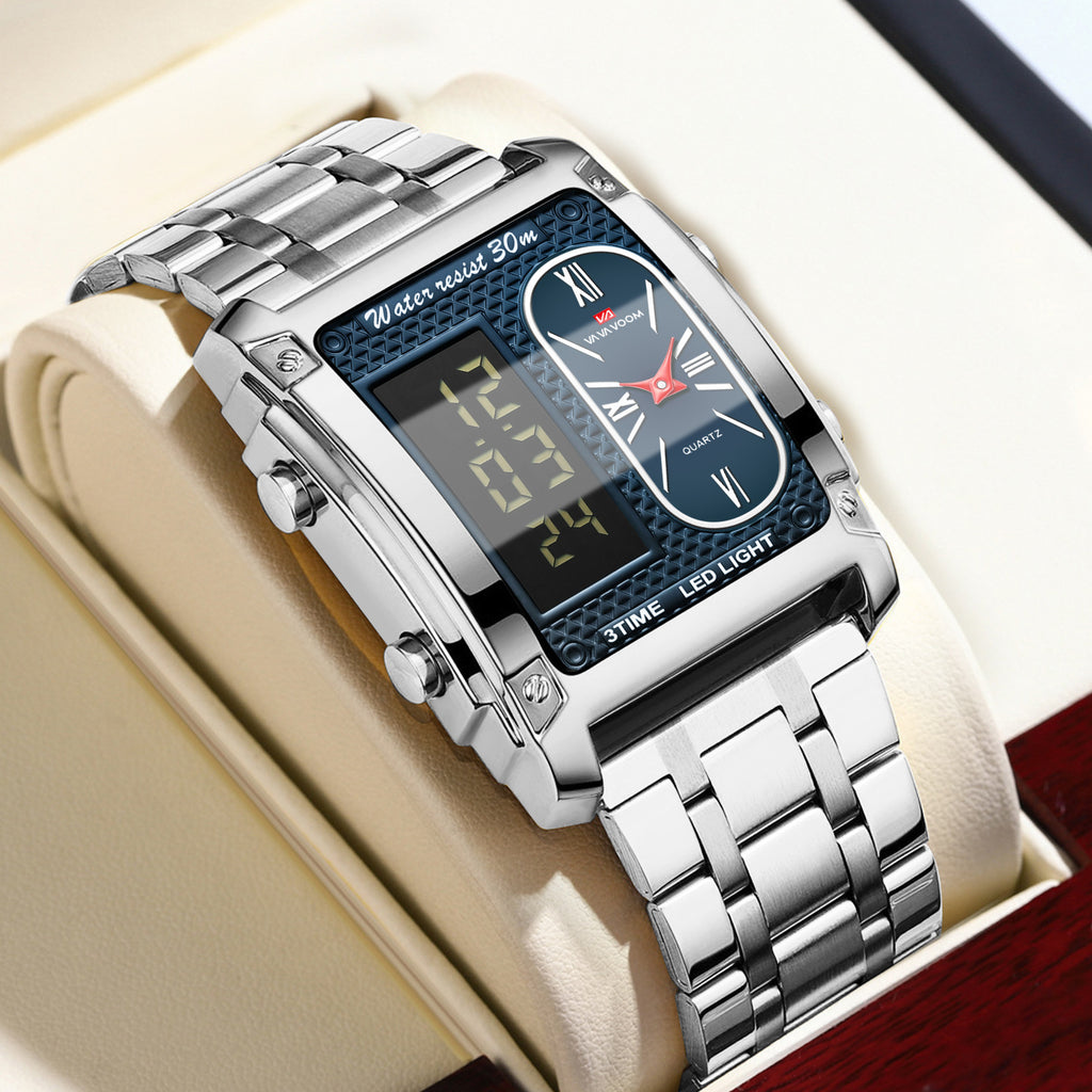 GESMART Men's Dual Movement Dual Display Square Digital Watch Multifunction Water Resistant Creative