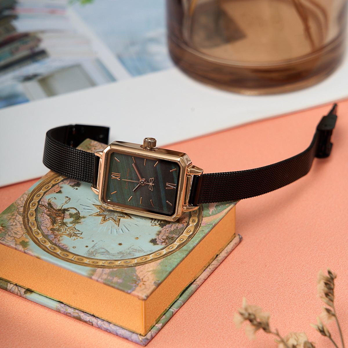 Women's Green Square Watch with Steel Band