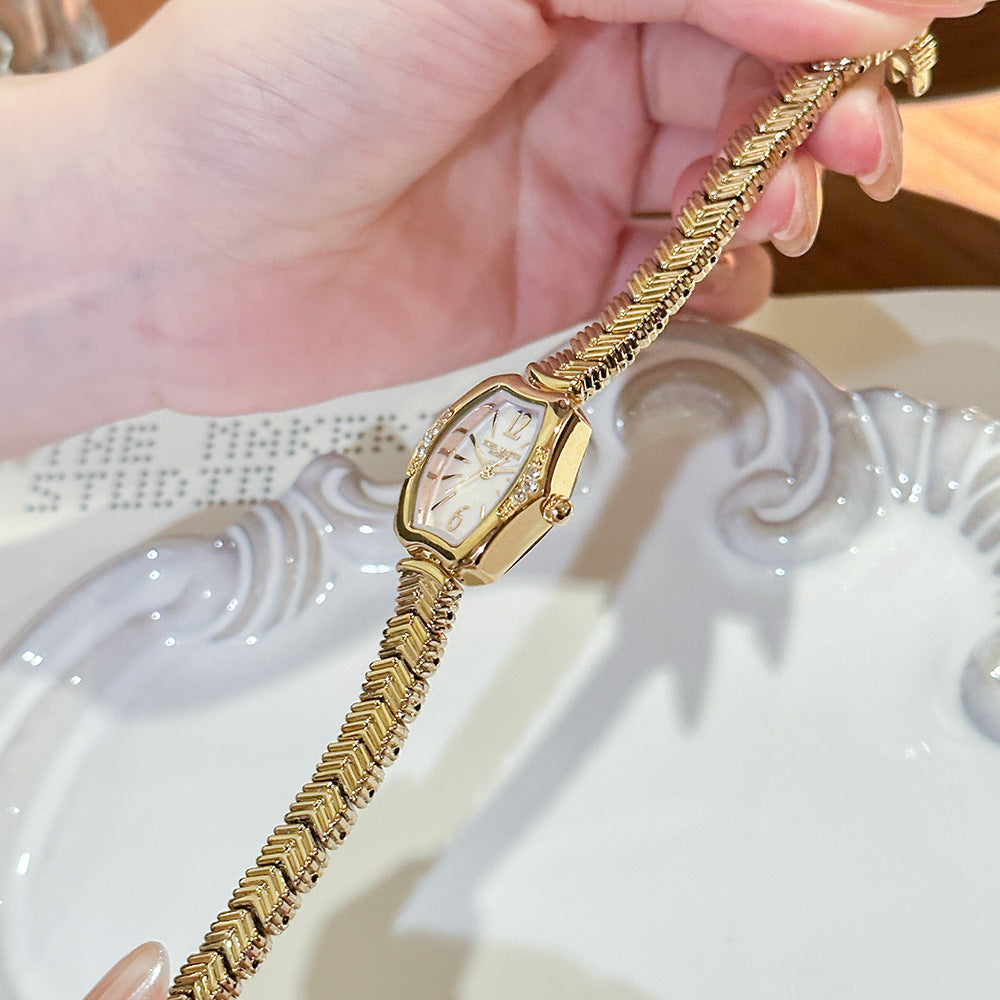 Women's Vintage Mother-of-Pearl Rhinestone Gold Quartz Watch