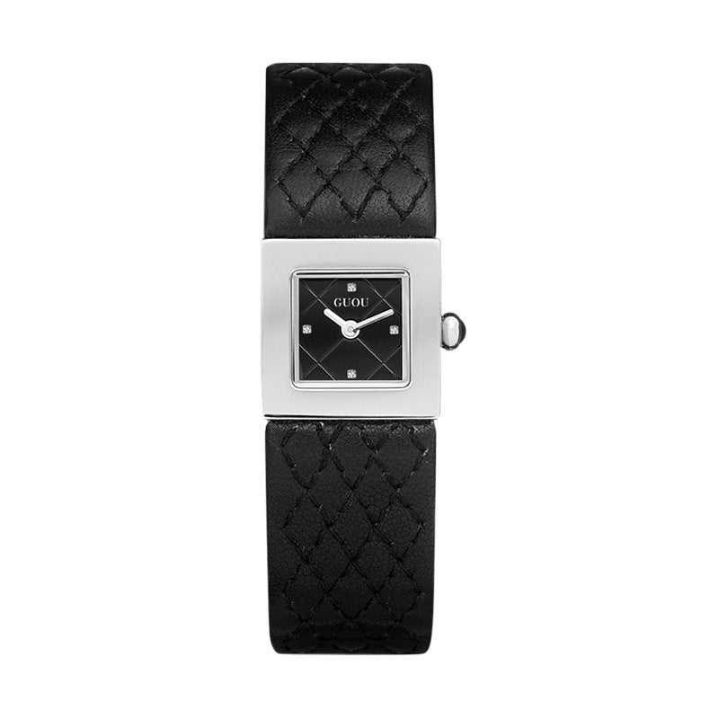 Women's Minimalist Small Square Leather-Strap Commuter Quartz Watch