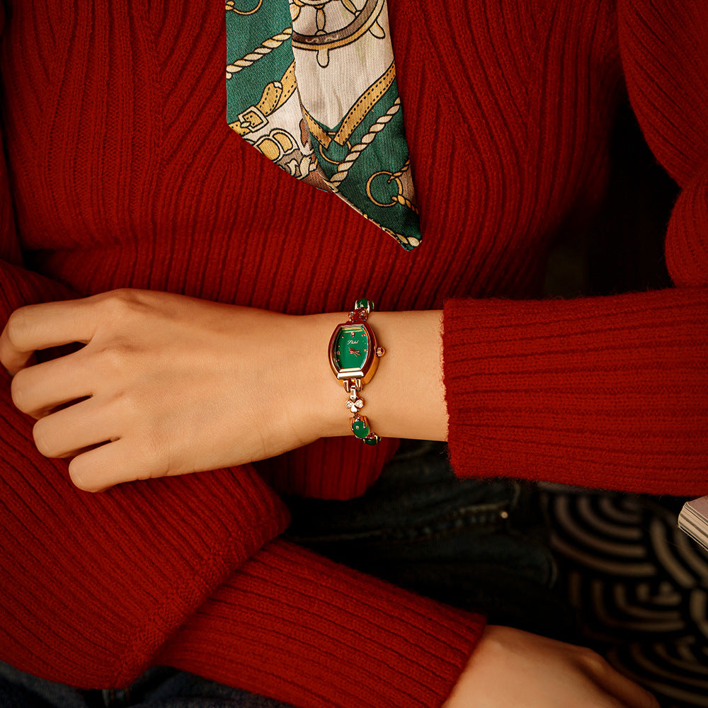 GESMART Women's Chalcedony Bracelet Watch Tonneau Shape Green Dial Retro Romantic Ladies Wristwatch