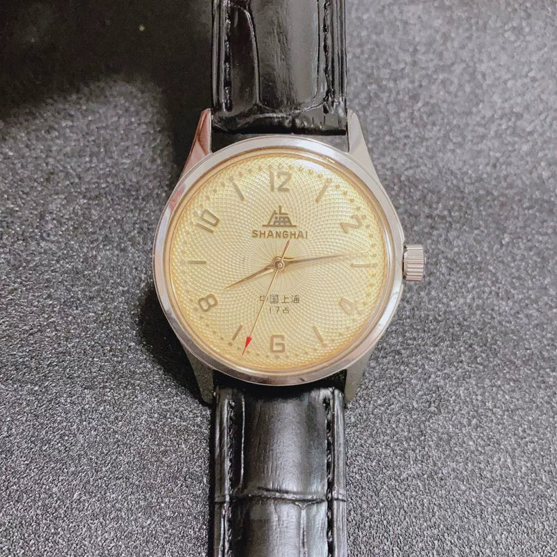 Shanghai Men's Manual Wind Mechanical Watch Round Steel Bracelet NOS