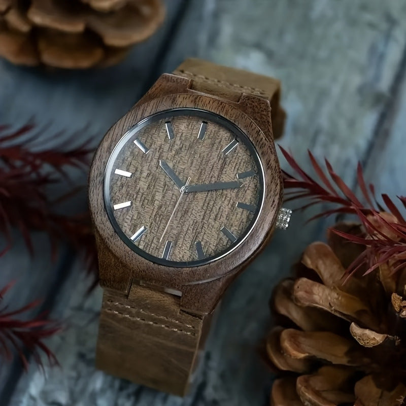 Men's Walnut Wood Genuine-Leather Minimalist Quartz Watch