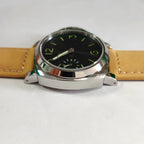 Men's 44mm Manual Wind Watch Sapphire Crystal Polished Steel Green Lume Dial