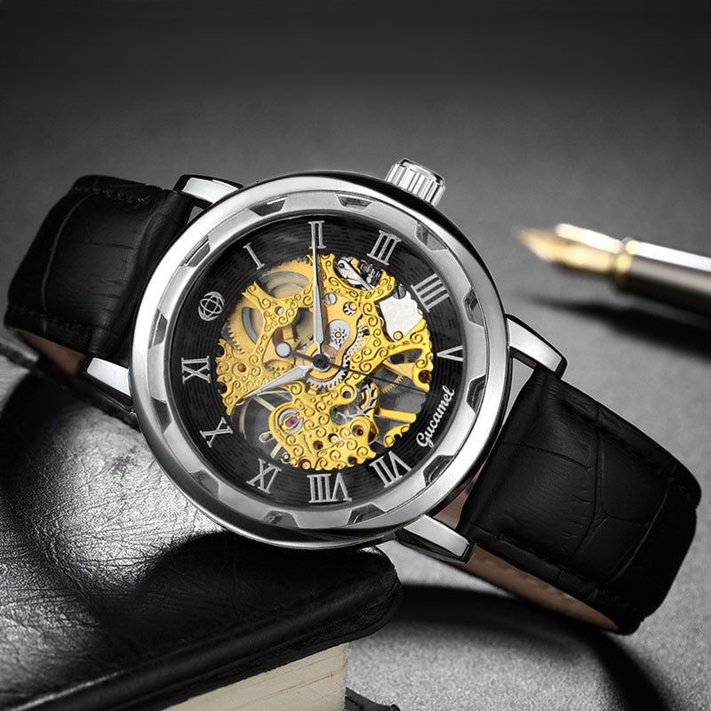 GESMART Men's Hand Winding Mechanical Skeleton Watch Exhibition Case Back Fashion
