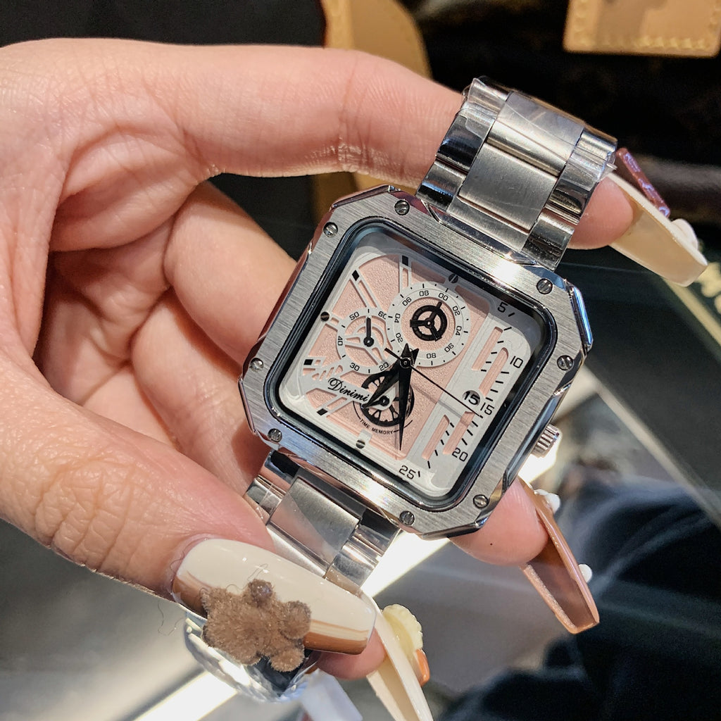 Unisex Couple Square Dial Watch with Steel Bracelet