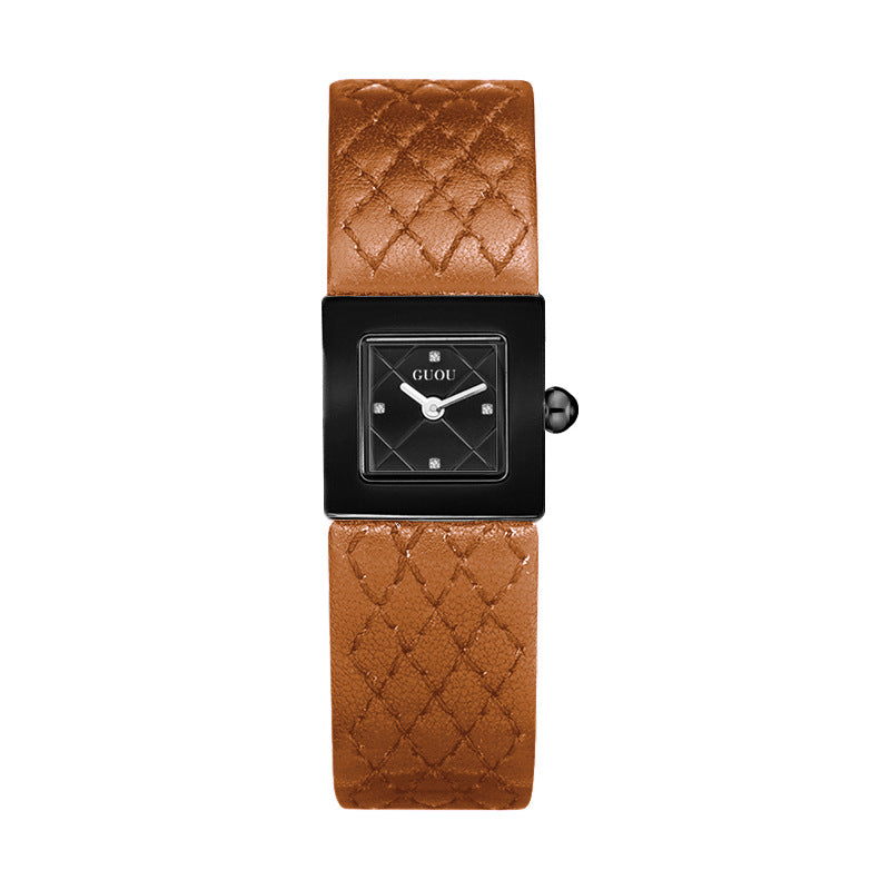 Women's Minimalist Small Square Leather-Strap Commuter Quartz Watch