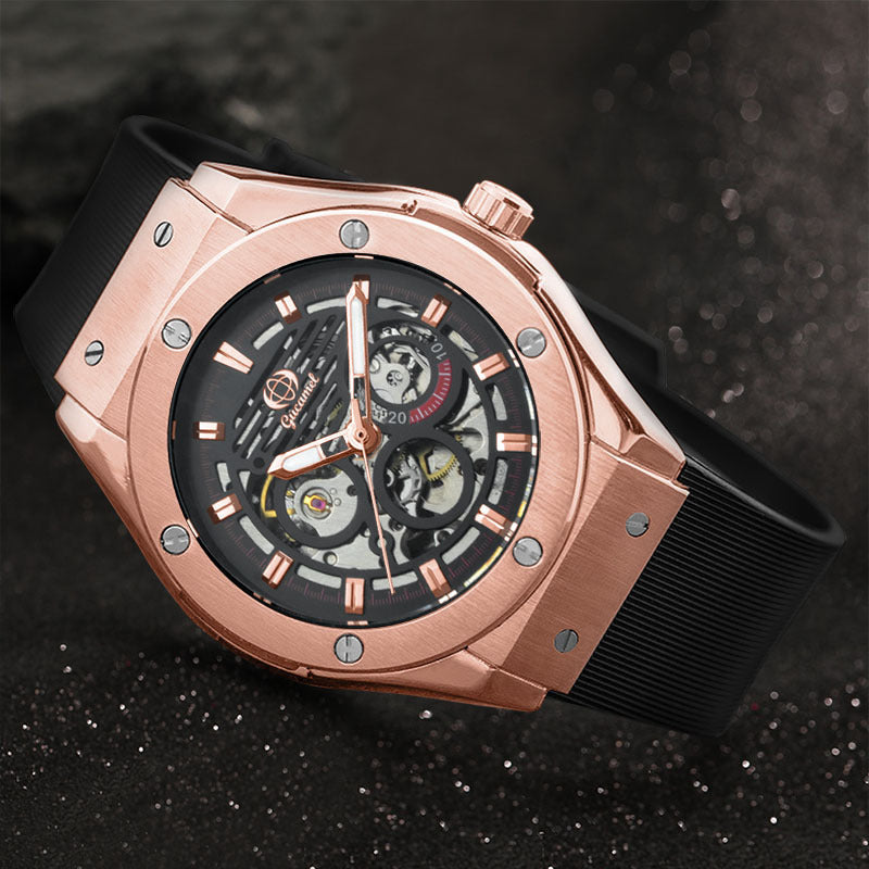 GESMART Men's 2023 New Skeleton Automatic Mechanical Watch Silicone Band Business Trendy