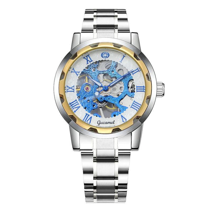 GESMART Men's Gold Tone Steel Band Skeleton Hand Winding Mechanical Watch Fashion Trendy