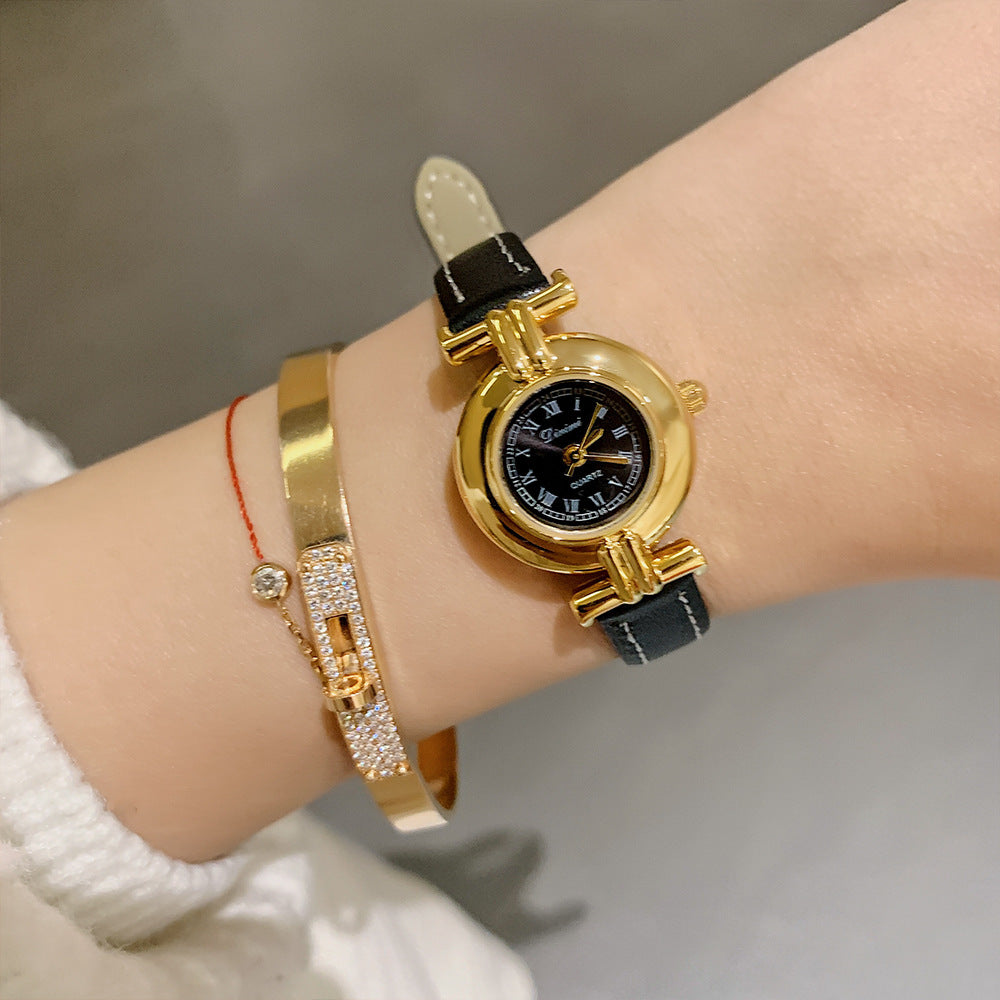 Women's Round Roman-Numeral Leather-Strap Quartz Watch
