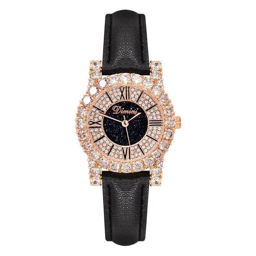 GESMART Women's Diamond Studded Roman Numeral Leather Band Quartz Watch Fashion Versatile Water Resistant