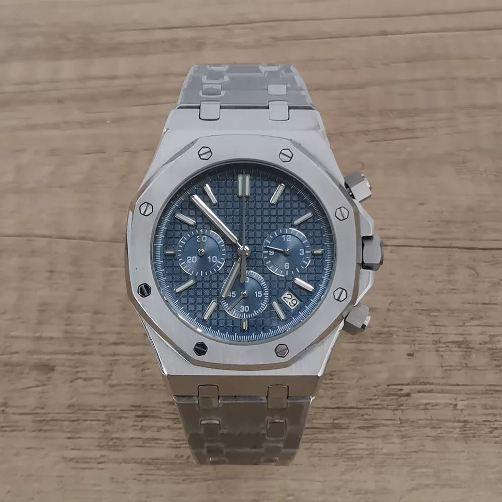Men's 41mm Quartz Chronograph Watch Stainless Steel Case Bracelet VK63 Movement