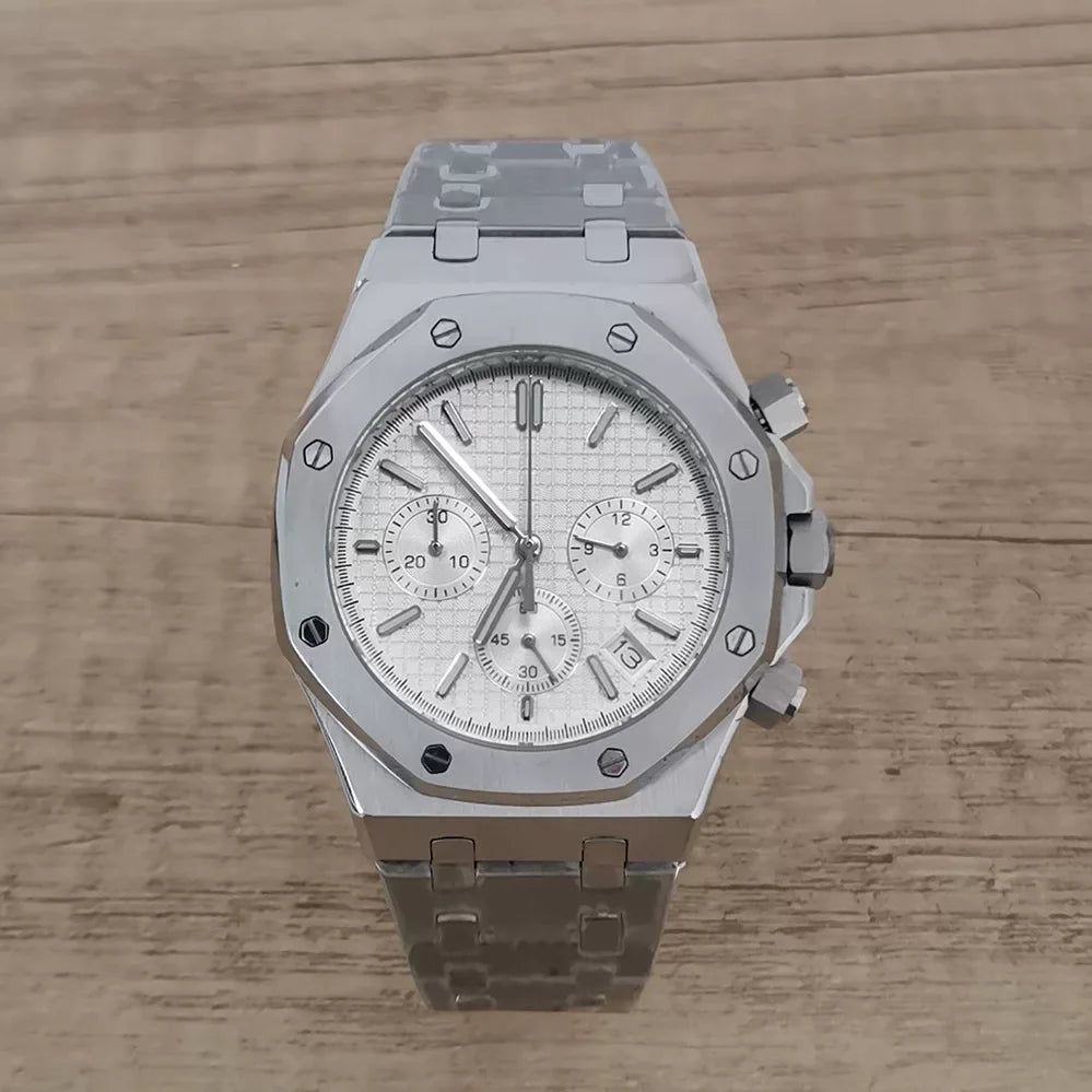 Men's 41mm Quartz Chronograph Watch Stainless Steel Case Bracelet VK63 Movement