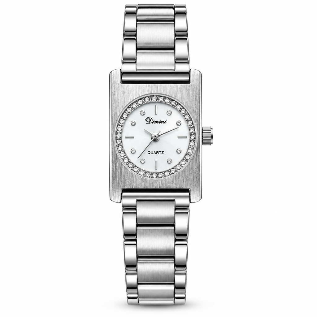 Women's Square Case Round-Dial Rhinestone Quartz Watch
