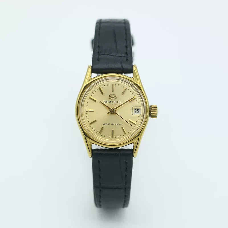 Sea Gull Ladies Mechanical Watch Titanium Date Leather Strap Vintage NOS