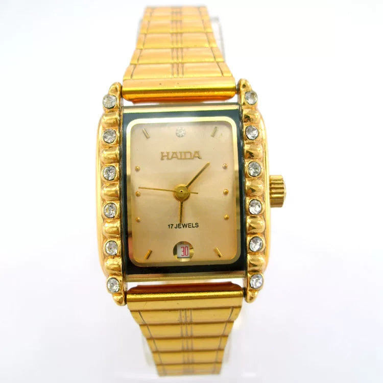 HAIDA Ladies Manual Wind Mechanical Watch Rectangular Gold-Plated Steel Bracelet