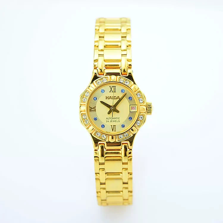 HAIDA Ladies Automatic Mechanical Watch Round Gold White Crystal-Set Dial NOS
