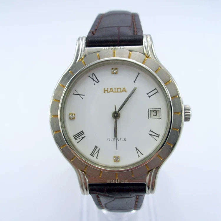 HAIDA Men's Manual Wind Mechanical Watch Leather Strap Simple Classic NOS