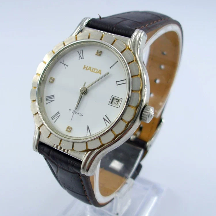 HAIDA Men's Manual Wind Mechanical Watch Leather Strap Simple Classic NOS