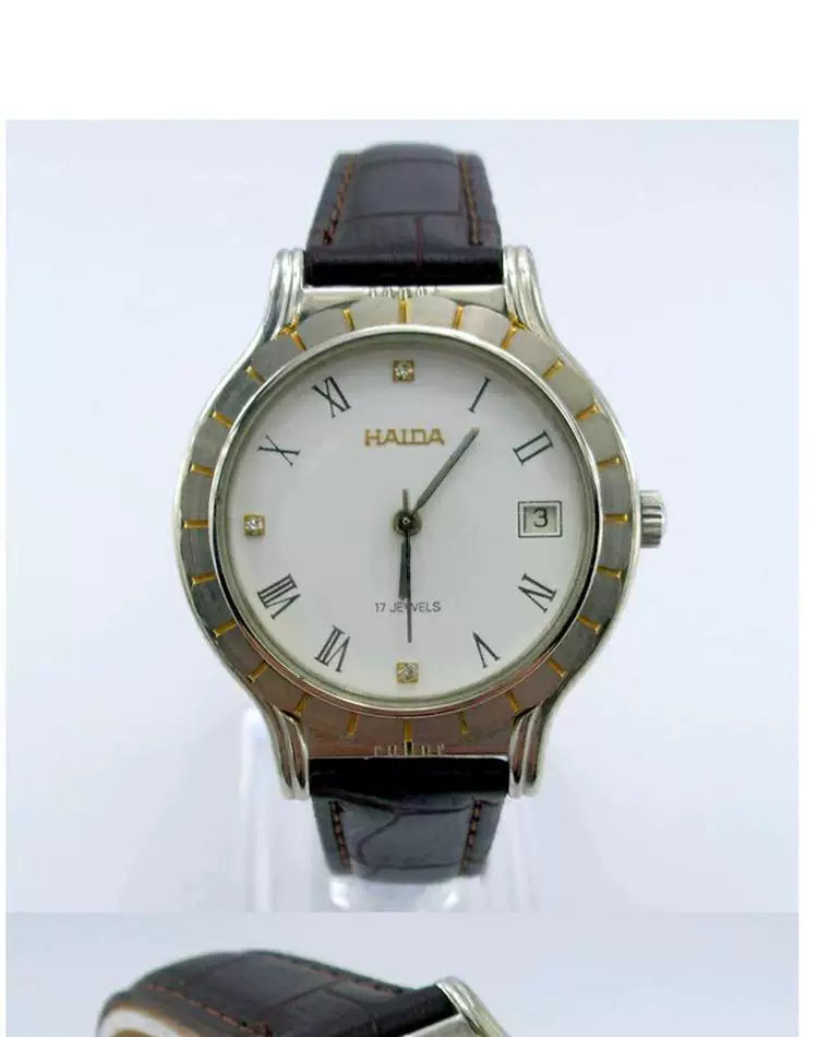 HAIDA Men's Manual Wind Mechanical Watch Leather Strap Simple Classic NOS