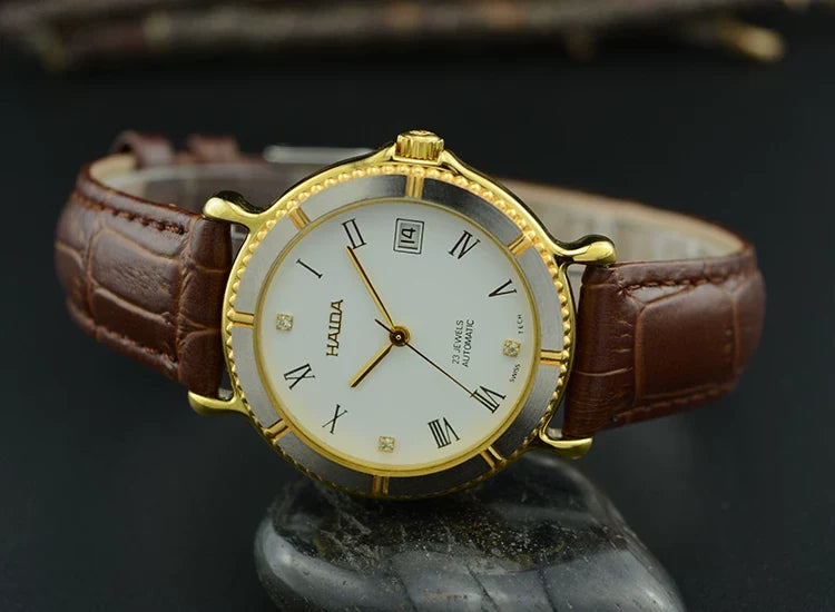 HAIDA Men's Automatic Mechanical Watch Two-Tone Genuine Leather Strap NOS