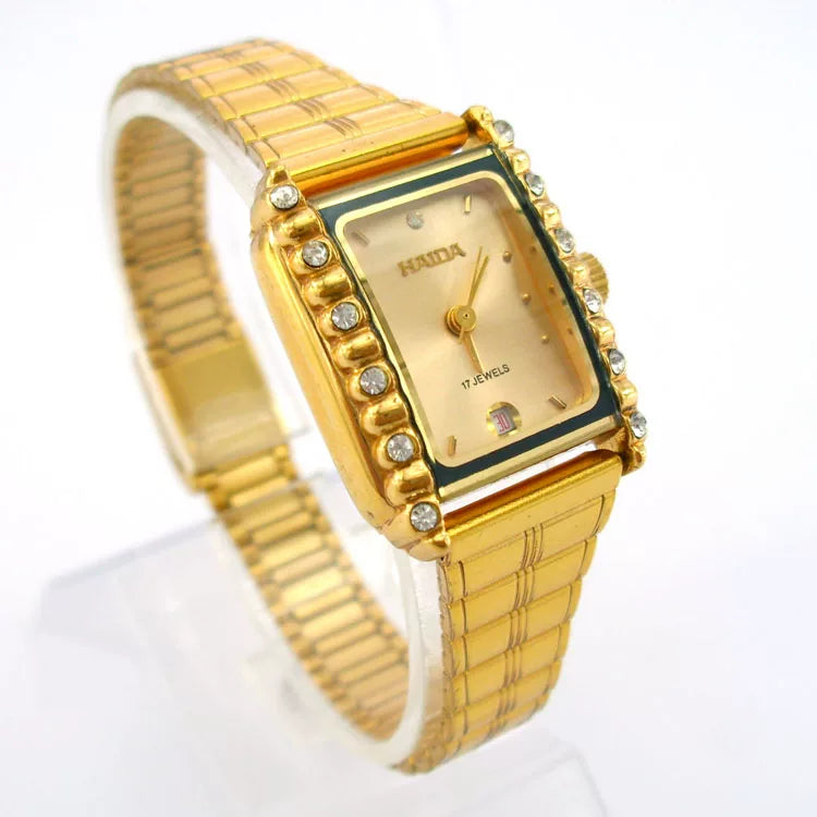HAIDA Ladies Manual Wind Mechanical Watch Rectangular Gold-Plated Steel Bracelet